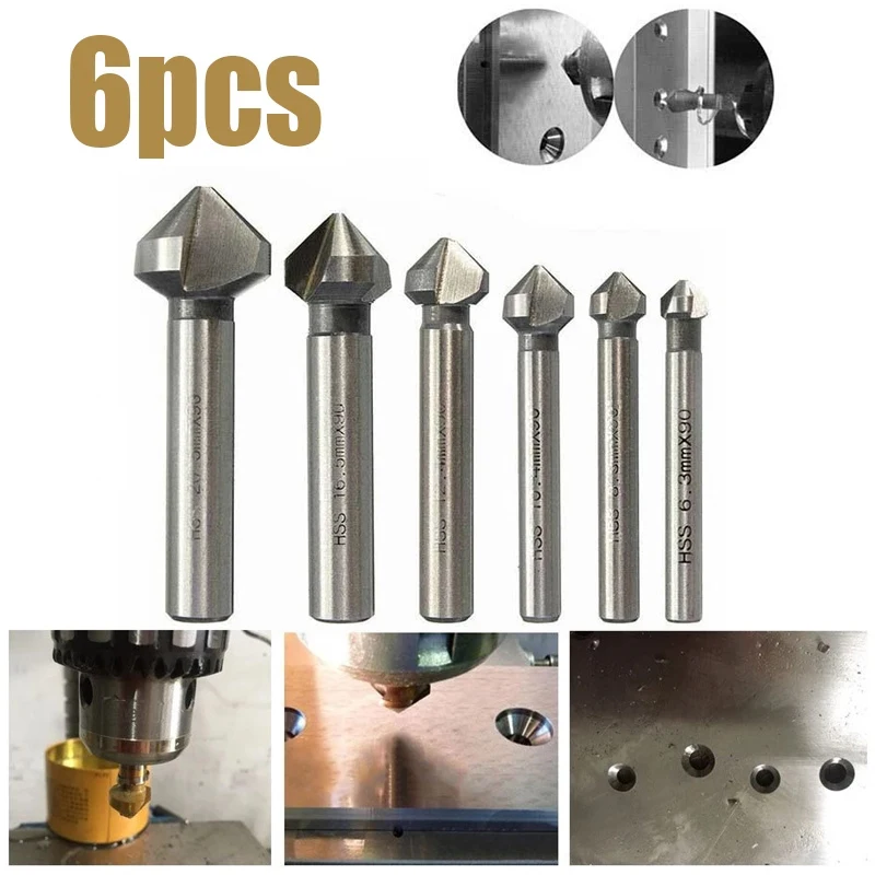 

6 шт. 3 канавки 90 градусов круглый Хвостовик HSS фаска резак Концевая фреза Деревообрабатывающие инструменты зенкер набор сверл 6,3-20,5 мм