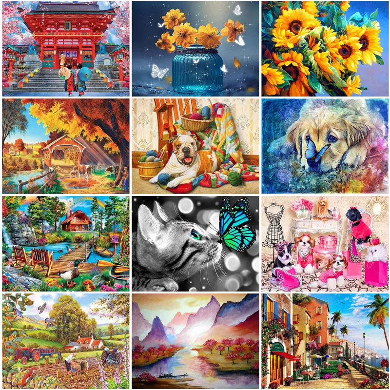 

Diamond Painting Animals Dogs Cats Butterfly Sunflower Houses Scenery Pictures of Rhinestones Full Diamond Embroidery Handmade