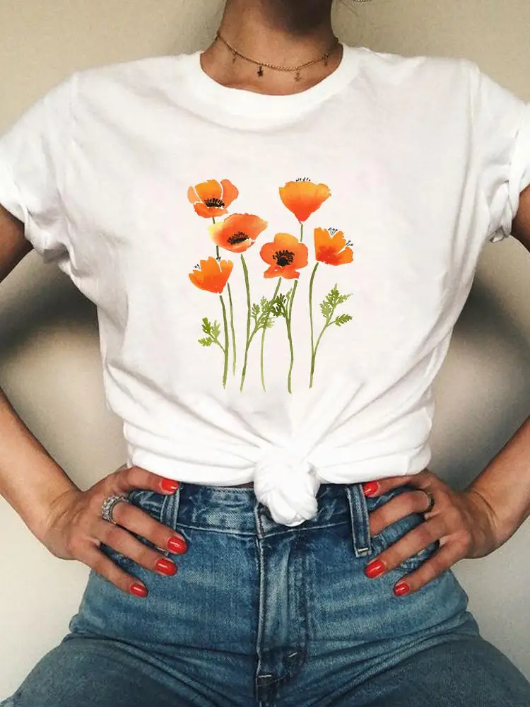 

Short Sleeve Casual T-shirts Women Graphic Tee Summer T Clothing Flower Lovely Trend 90s Print Fashion Female Clothes