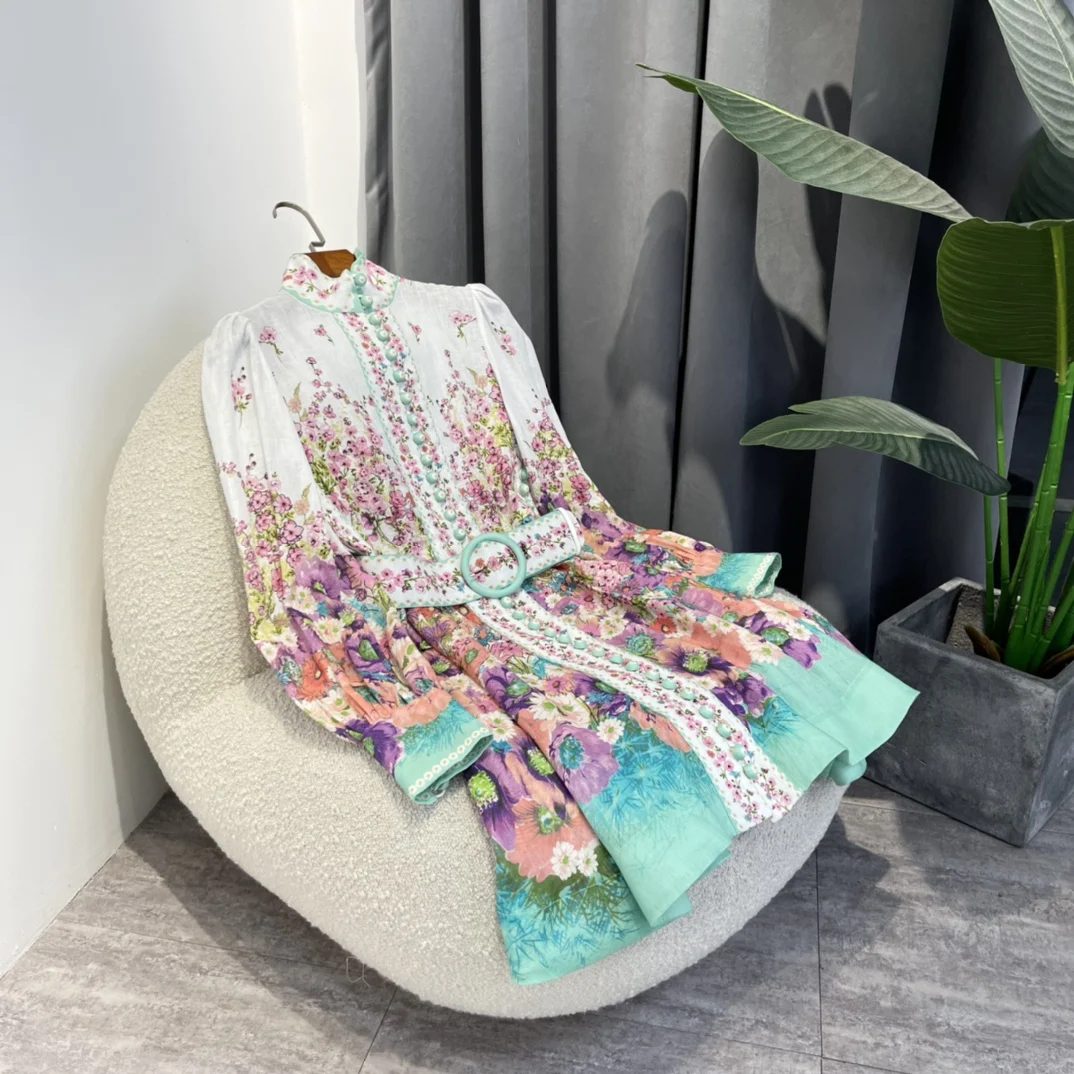 

Hot Sale 2022 Summer Top Quality Linen Pink Floral Print Gradient Blue Hem Front Unique Buttons Mini Dresses with Belt Women