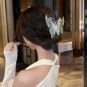 Jewelry Hollow Geometric Pearl Barrette Elegant Rhinestone Hairgrip Metal Hair Claw Butterfly Hairpin Hair Jaw Clips