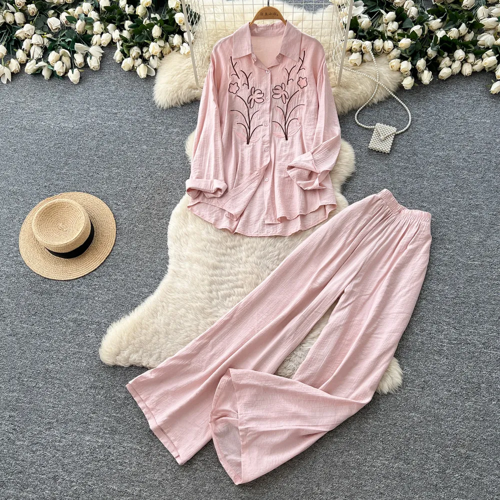 Фото Повседневный женский комплект из 2 предметов в стиле Lazy Style: свободная модная рубашка с вышивкой и длинным рукавом, брюки, ретро-костюм для офиса/повседневной носки №1