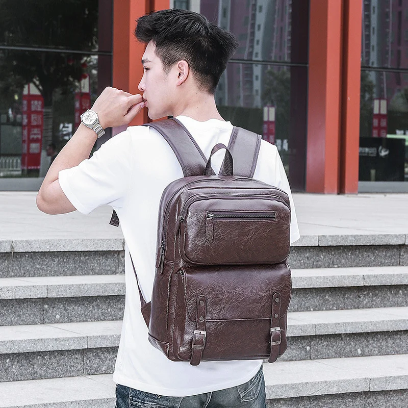 

Korean Men's Backpack Male Travel Bag Waterproof PU Leather College Large Capacity Shoolbag Men Business Laptop Bags Mochila