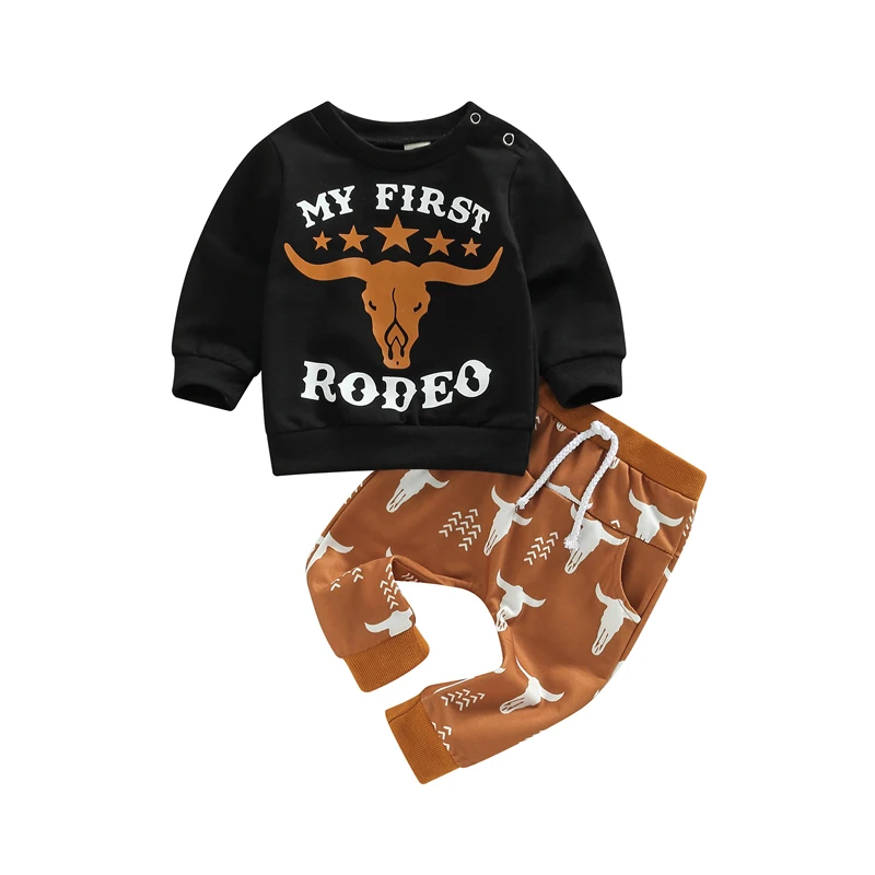 

Baby Boys Girls 2 Pieces Outfit Letter Cattle Head Print Round Neck Long Sleeve Sweatshirts Tops Elastic Waist Long Pants Set