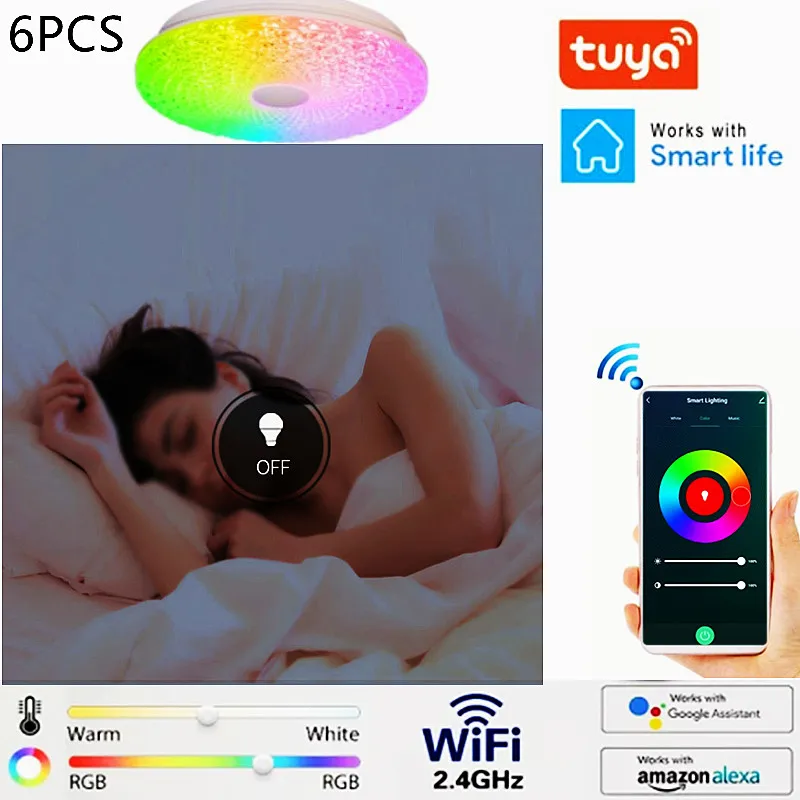 

6PCS Tuya Wifi LED Light Ceiling Lamp,Smart Home Living Room Party DIY RGB Music Control Via Smart Life Voice For Alexa Amazon