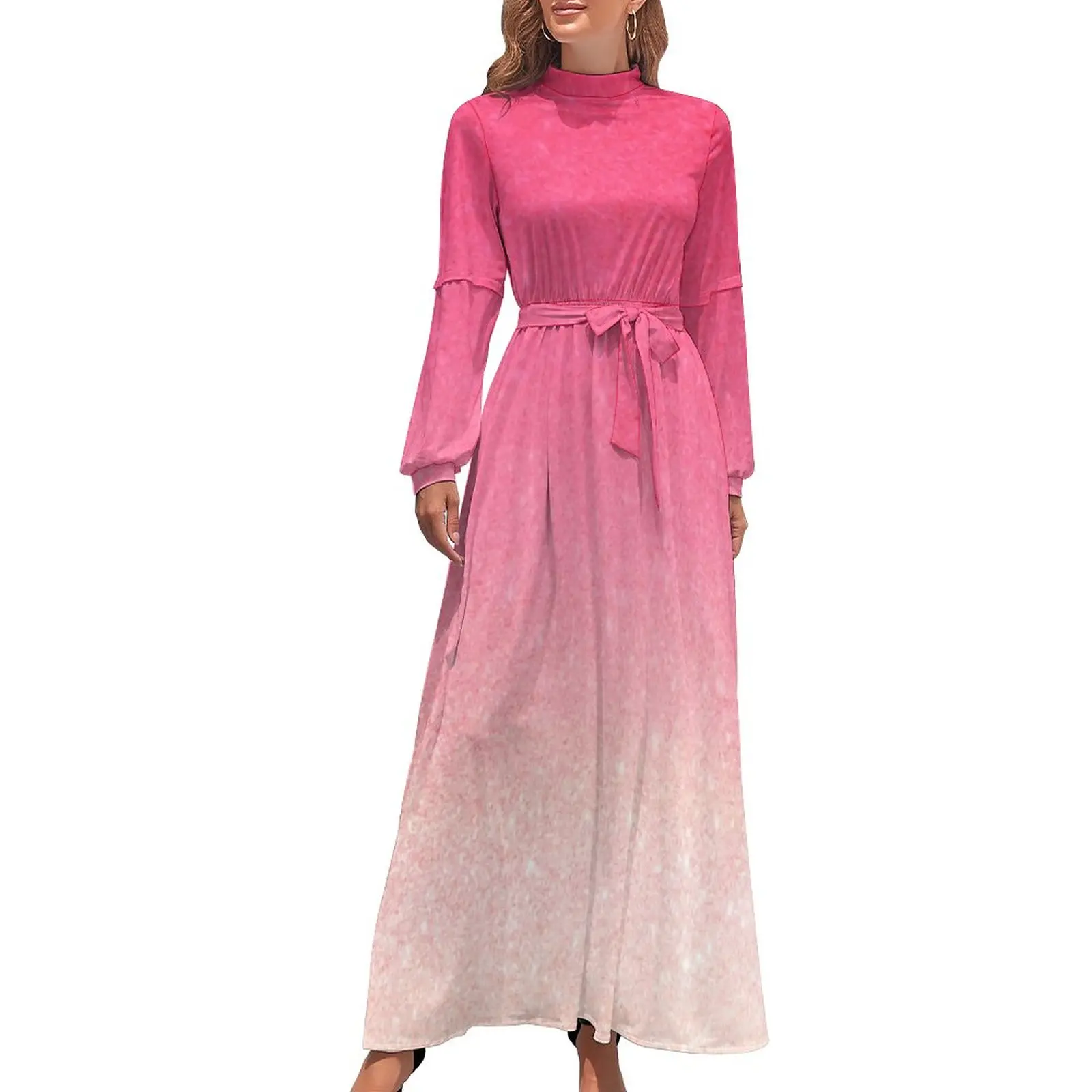 

Платье-Макси розовое с длинным рукавом и высоким воротником