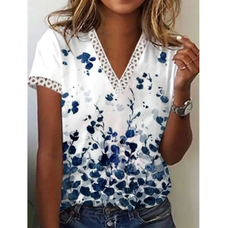 Женская Кружевная футболка с V-образным вырезом и коротким рукавом |