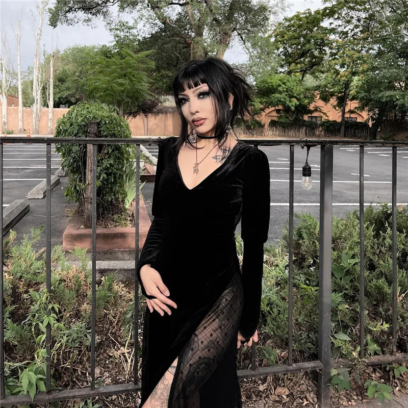

Emo Mall Gothic V-neck Black Long Dresses Grunge Aesthetic Velvet Mesh Patchwork Partywear Sexy Backless Alt Clothes