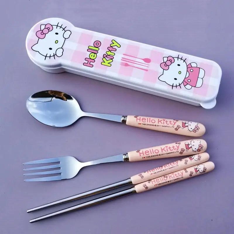 

Sanrio Hello Kitty Doraemon Cartoon Anime Stainless Steel Spoon Fork Chopsticks Portable Suit Kawaii Cute Kid Cutlery Set Gift
