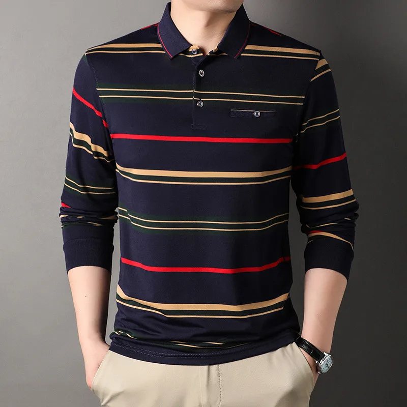 

100% Cotton Polo Shirt for Men Striped Long Sleeve Multi-color Autumn and Spring Male Polo Shirt Korean Style Luxury Clothing