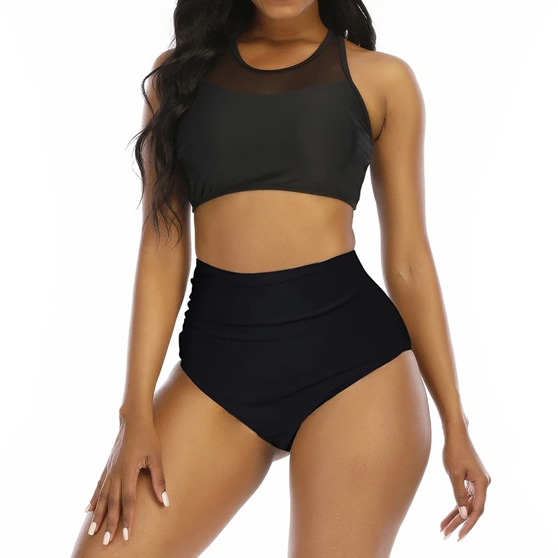 

Woman Split Swimsuit High Waist Sports Bikini Set Lace Stitching Sexy Split Swimsuit High Waist Pleated Pants Removable Chest