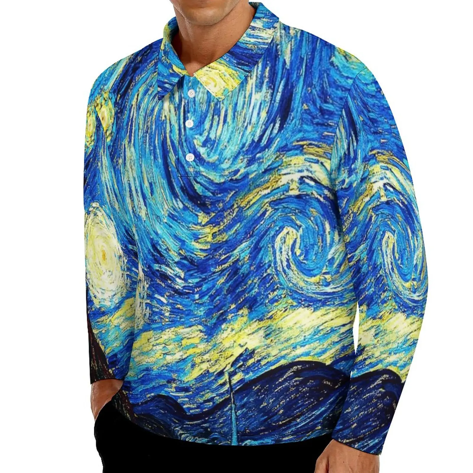 

Starry Night Casual Polo Shirt Vincent Van Gogh T-Shirts Long Sleeve Custom Shirt Spring Y2K Oversized Tops Birthday Gift