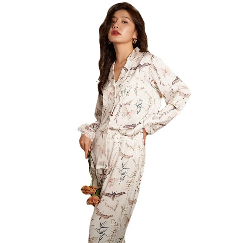 Ice Silk Pajamas Women's Spring Summer Long-Sleeve Suit Sexy Lace Artificial Silk plus Size Homewear