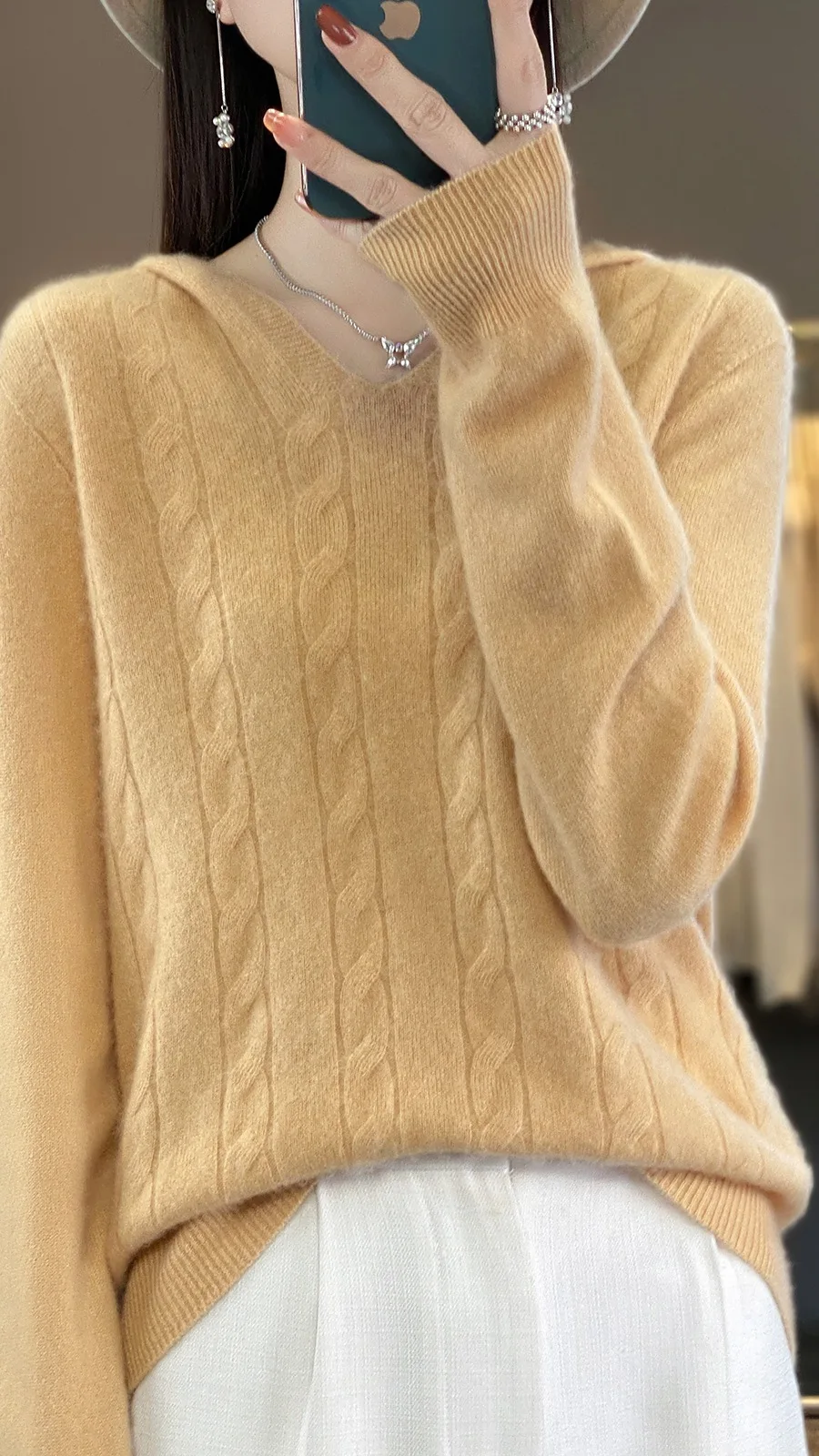 Новинка Осень-зима толстовка из чистой шерсти с V-образным вырезом Женский свитер