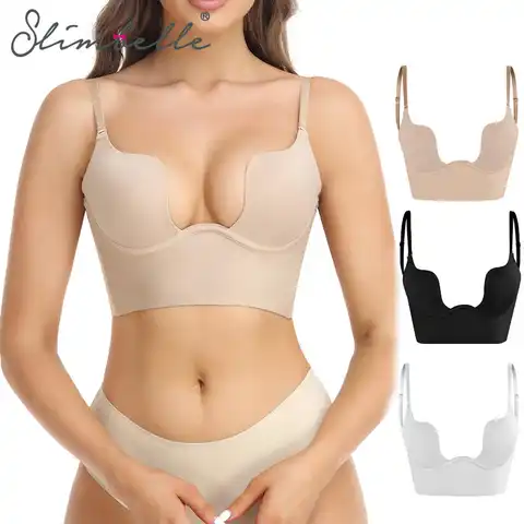 Seamless Womens Low Cut Plunge Bra Wire Lifting Deep U Shaped Multi-Way Push Up Convertible Plunge Backless Bra