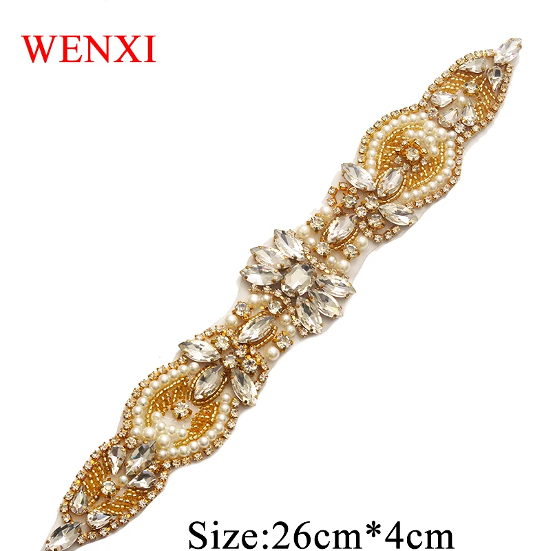 WENXI 1PCS  Handmade Rhinestones Appliques Sewing On For Wedding Dress Belt Rose Gold Clear Crystal Rhinestones Accessory WX871