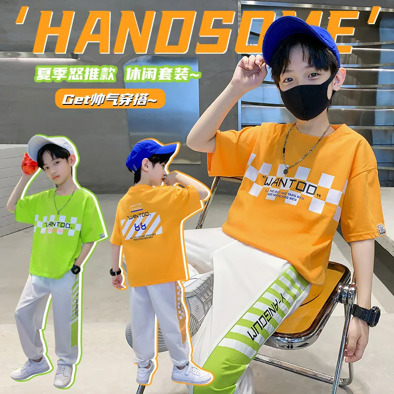 

Children's Clothes Summer Suit Boys' Fashion Printed Letter Short Sleeve + Nine Piece Pants Two Piece Set 3-12Y