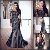 free shipping mermaid appliques long sleeves low back black tulle elegant long formal evening gown mother of the bride dresses