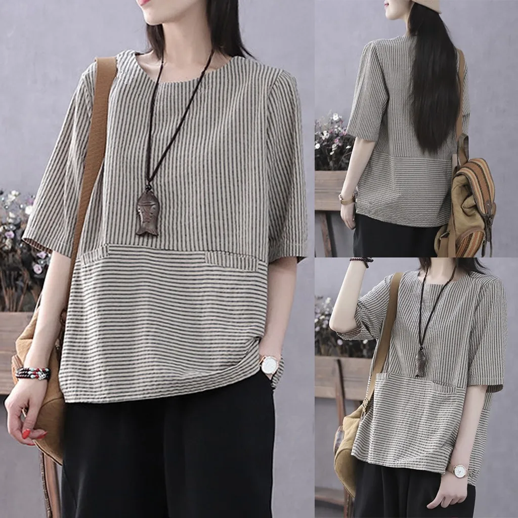 

Sleeves Women Lady Print Stripe Blouse Fashion O-Neck Short Top Floral Vintage Women Leotard Long Sleeve Women Shirt Athletic