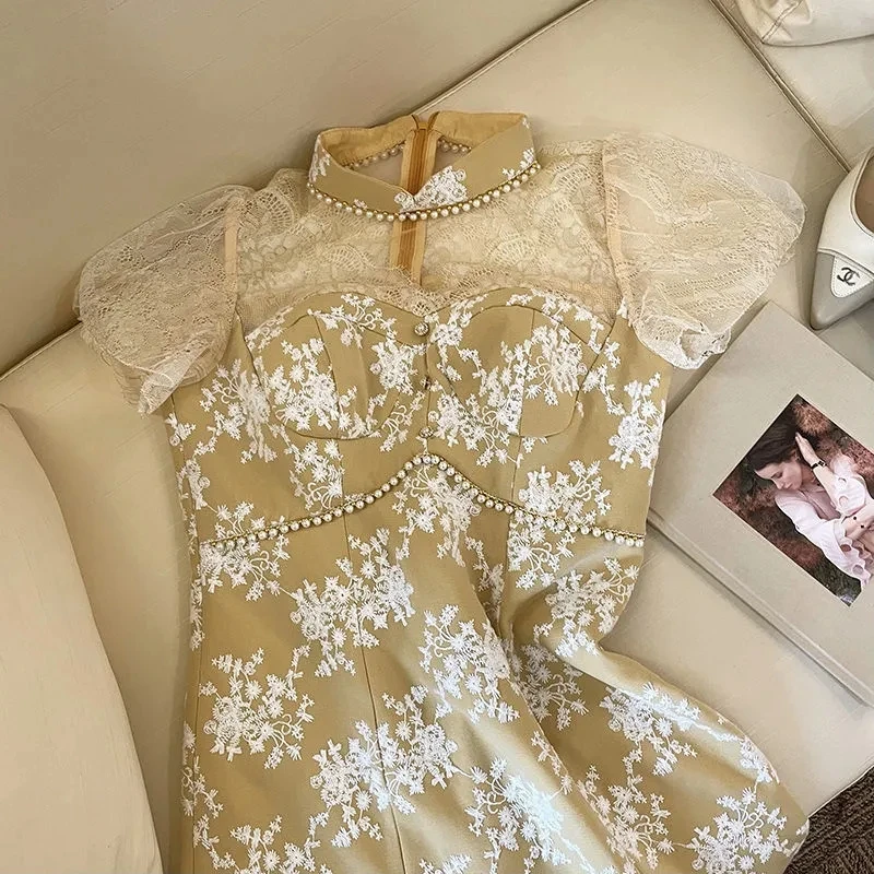 

Chinese Style Vintage Plus Size Women's Summer Dress Court Luxury Embroidery String Pearls Cheongsam Elegant Dresses For Liades