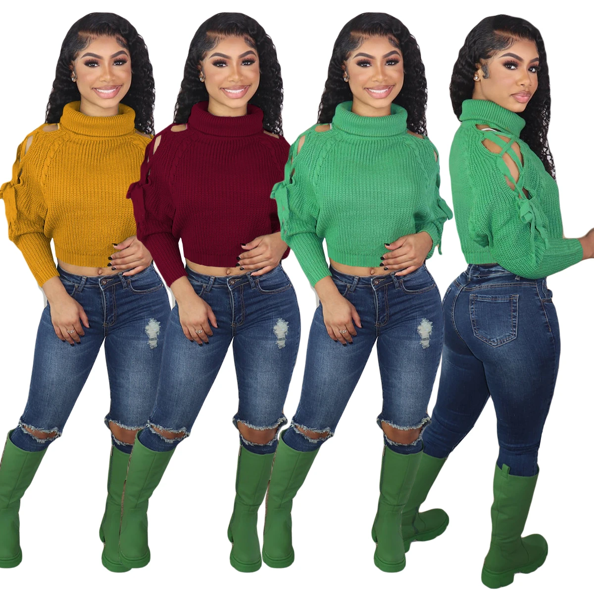 

Autumn Women High Neck Knitted Sweater Outwear All Mathing Hollow Out Lac-up Long Sleeves Solid Sexy Pullover Sweaters
