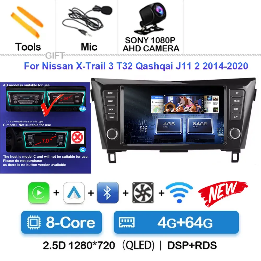 

Автомобильный радиоприемник Android 15 для Nissan X-Trail 3 T32 Qashqai J11 2 2014-2020, беспроводной CarPlay Android Auto, автомобильный мультимедийный GPS