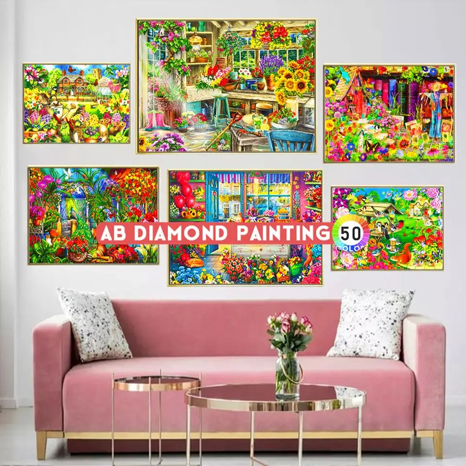 

Алмазная живопись AB 5D, Цветочная комната, балкон, розы, 50 цветов, мозаика стразы, искусство, вышивка крестиком, Набор для творчества, домашний...