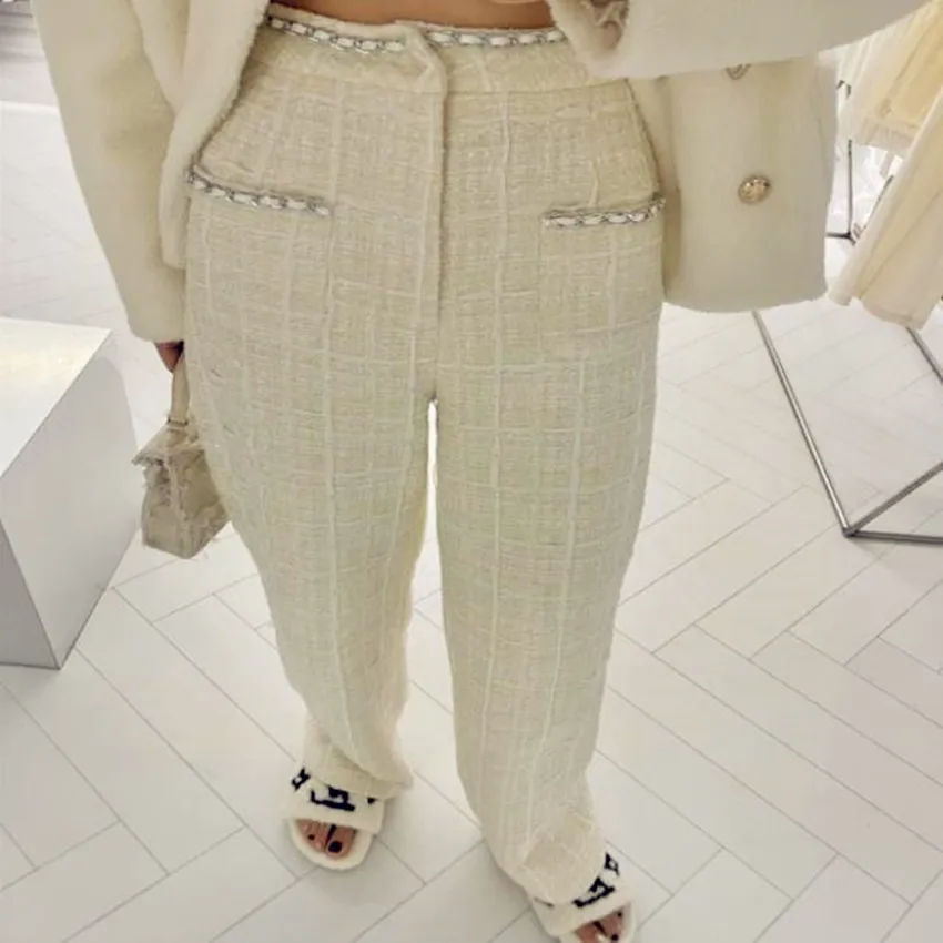 Autumn Winter Tweed Trousers Straight Wide Leg Woolen Pants Woven Chain Casual Small Fragrance