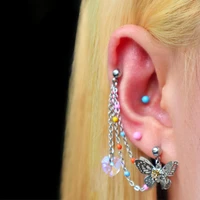 1pc crystal butterfly earring for pierced ears 16g 20g gauge tragus lobe earings stainless steel earrings with chain on ears