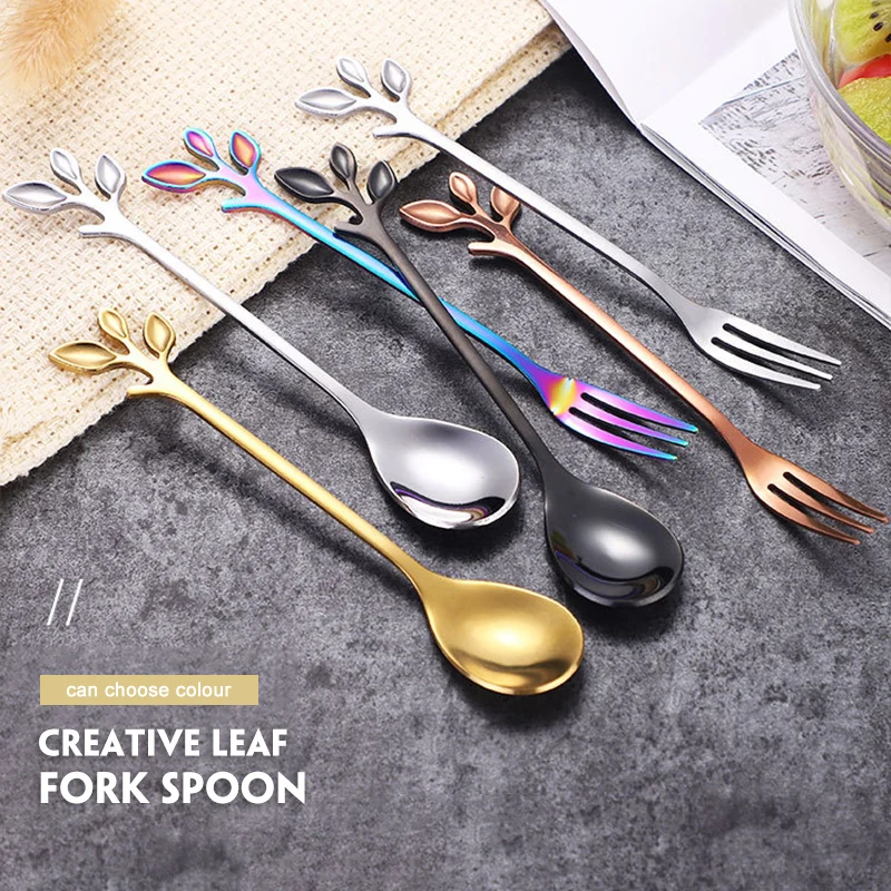 

4PCS Creative Branch Leaves Spoon Fork Stainless Steel Coffee Stirring Spoon Fruit fork Teaspoon Bar Tableware