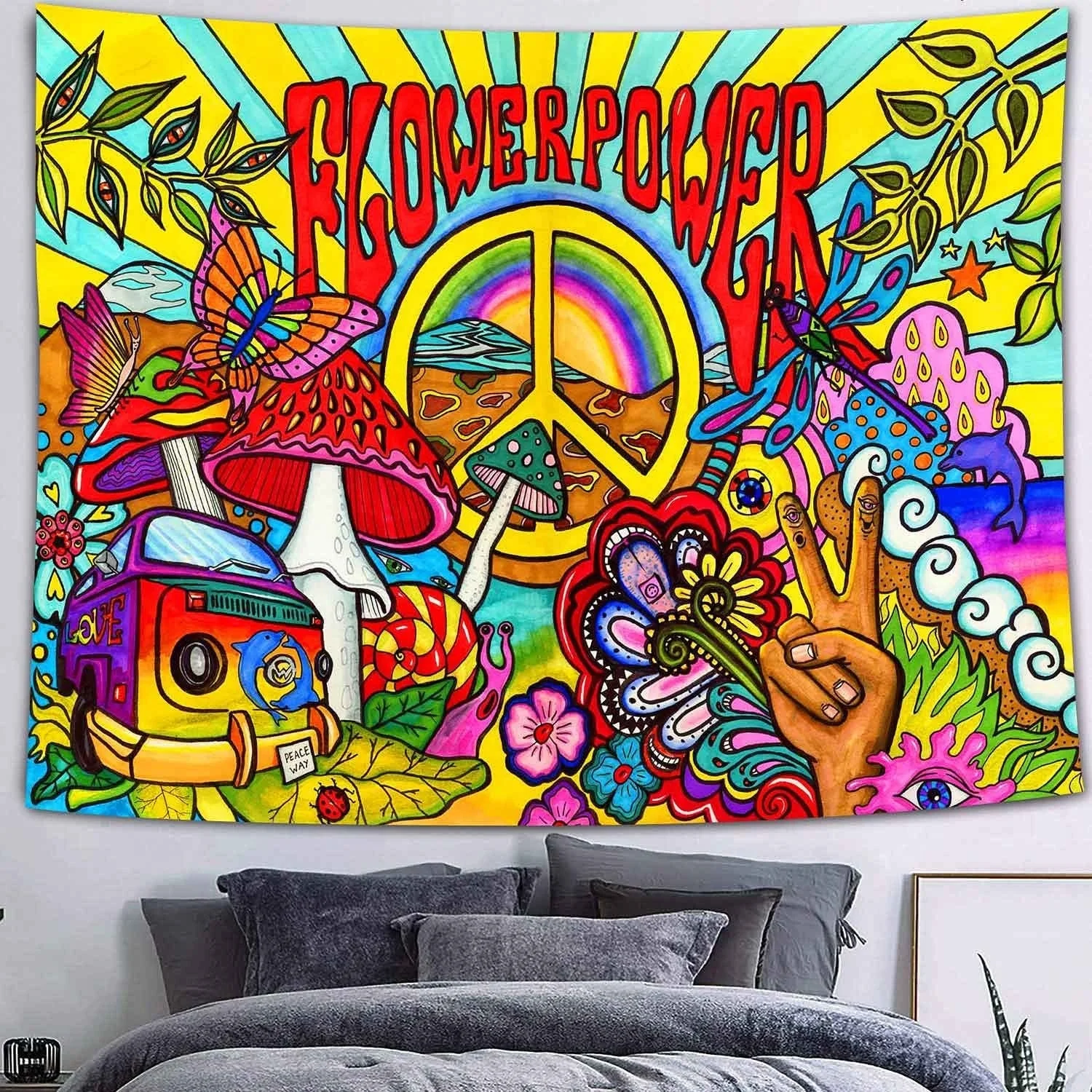 

ForeverStar Hippie Groovy Tapestry Peace And Love Symbol Colorful Art Wall Hanging Tapestries Dorm Bedroom Living