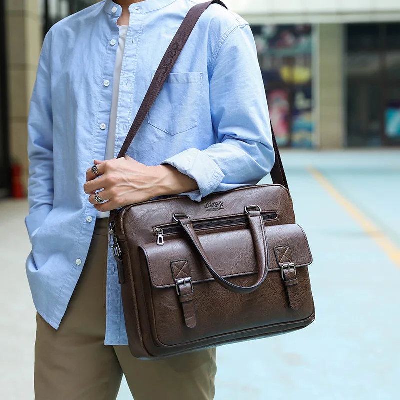 Briefcase Bag for Man PU Leather Vintage Handbags Computer Laptop 14 Shoulder Business Messenger Portfolio Crossbody Bag Male