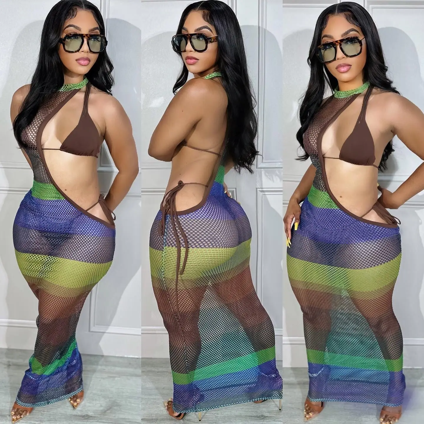 

LEOSD Color Patchwork Sheer Mesh See Through Cover Up Dress Bra Bikini Set 3 Piece Set Sexy Swimwear Summer Women Bathing Set