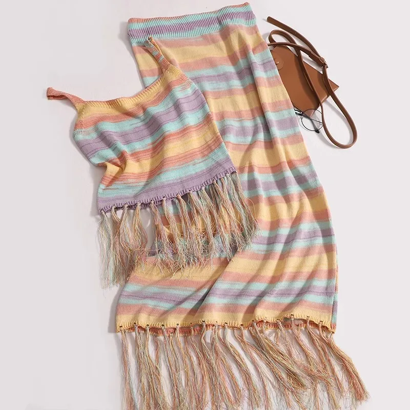 

2023 New Summer Stripe Knitted Suit For Women Fashion Sexy Sling Top + High Waist Tassels Skirts Female Casual Two Piece Set