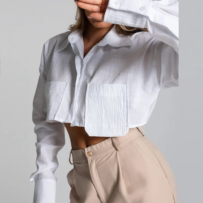 

Stylish Cropped Blouses Women Spring Long Sleeve Big Pockets 2YK Tops Female Autumn Single Breasted Collar t Shirts Blusa 2023