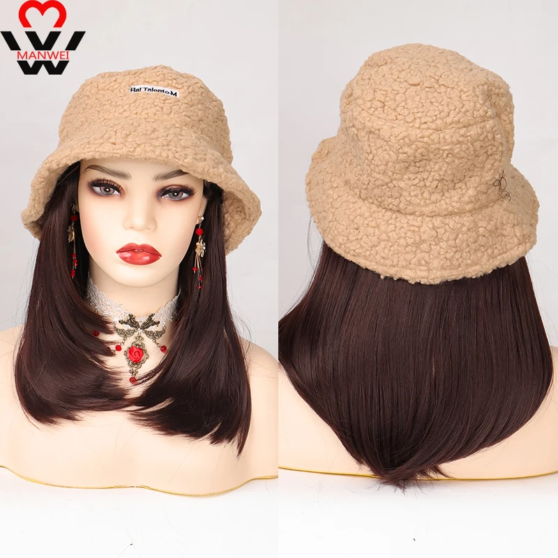 

Парик из синтетических волос MANWEI, Панама цвета хаки, черная, коричневая, длинные прямые волосы, зимняя теплая Модная и теплая шапка