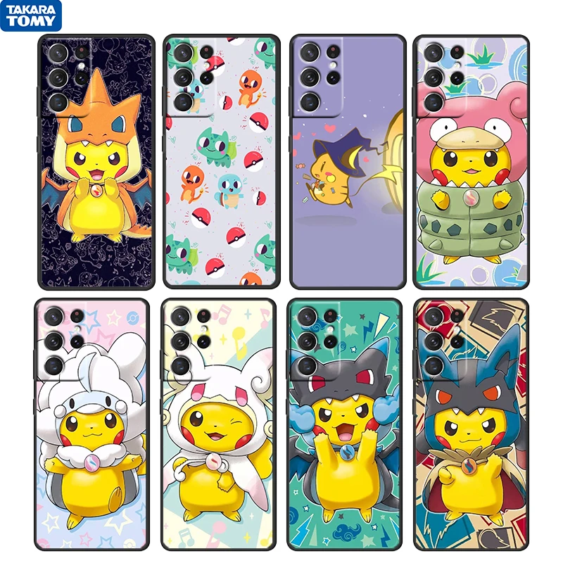 

Pikachu Cute Cartoon For Samsung Galaxy S22 S21 S20 Ultra Plus Pro S10 S9 S8 S7 4G 5G Soft TPU Black Phone Case Funda Capa Cover