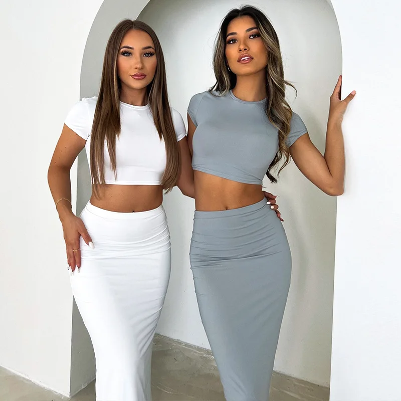 

Casual sexy sets solid color bodycon short sleeve and maxi skirt two piece set