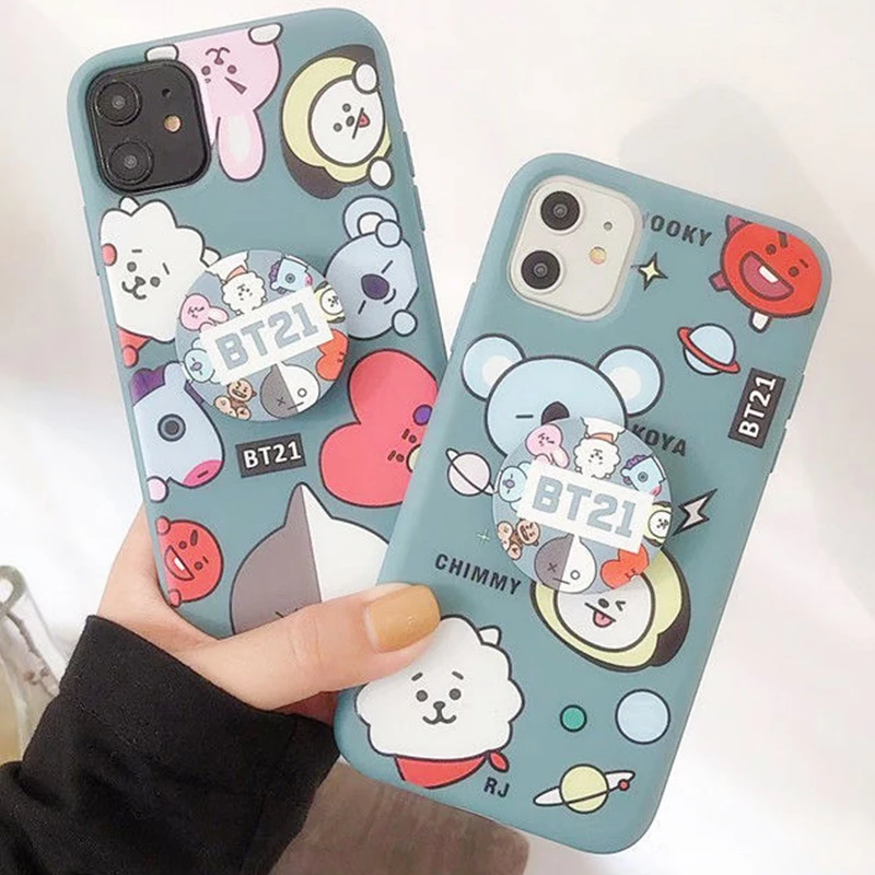 

Bt21 Mobile Phone Case with Holder for Iphone13 12 11 Pro Max X Xs Kpop Bts Peripheries Anime Phone Shell Soft Tpu Back Cover