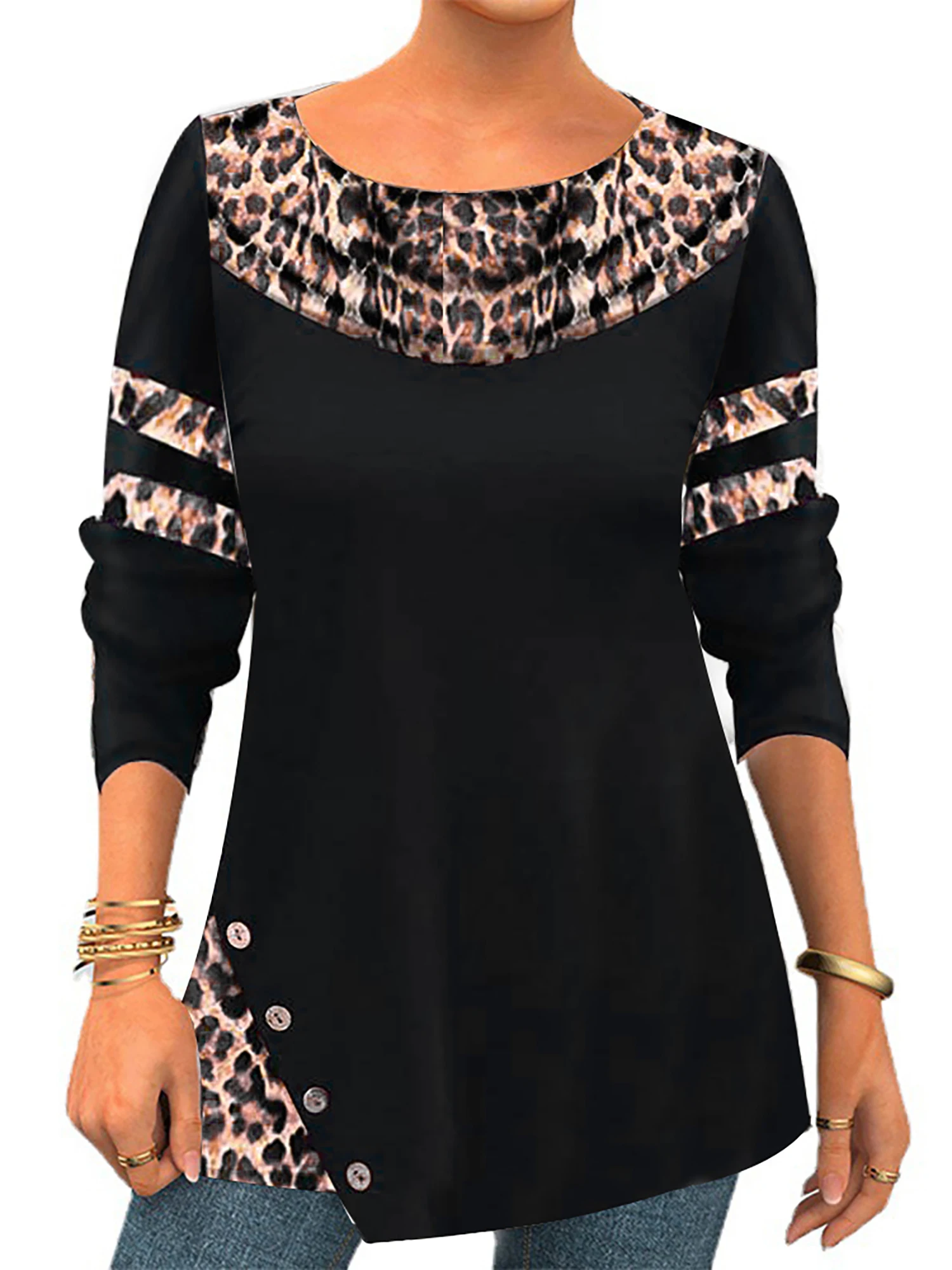 

Women T Shirt Autumn Tops Female V Neck Elegant Print Female T-Shirt Fall Retro Leopard Long Sleeve Button Top Ladies T-shirt
