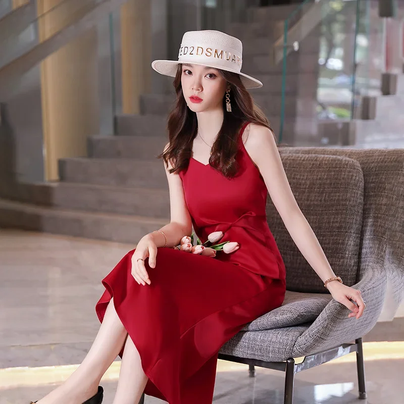 Элегантное Длинное Платье с завышенной талией красное платье-чехол оборками