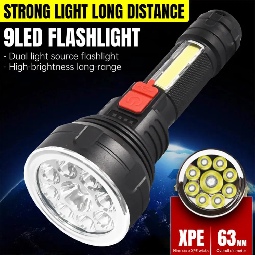 

Strong Light Flashlight Long Distance Tactical 9LED Torch Outdoor Waterproof COB 4 Modes USB Rechargeable Bicycle Flashlight