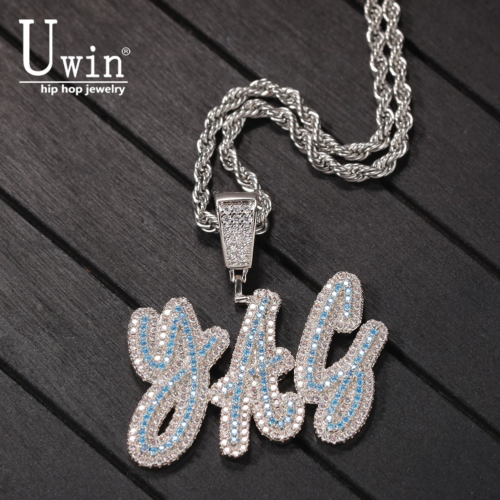 

Uwin Custom Letters Pendant Double Layer Brush Bule Iced Out Letters Pendant Name Necklace Personalised Gift Drop Shipping