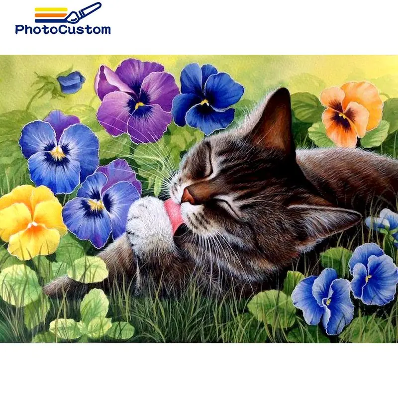 

PhotoCustom Paint By Number Cat and Flower Drawing On Canvas HandPainted Painting Art Gift DIY Pictures By Number Snow Kits Home