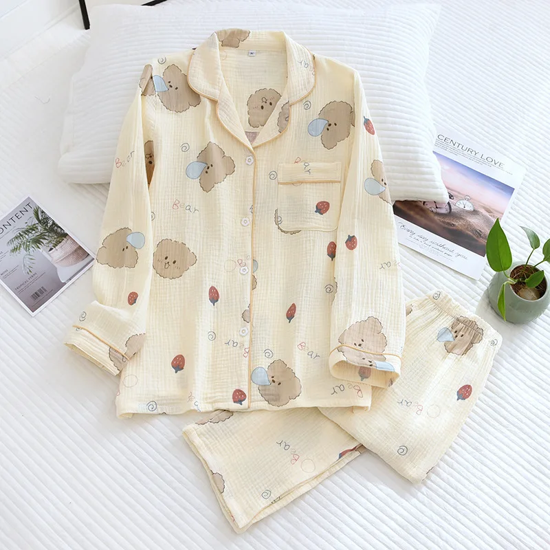 Cartoon Women's Pajamas Sleepwear 100% Cotton Pijama Pyjamas Women Loungewear Winter Set Woman 2 Pieces Sleepwear For Sleeping