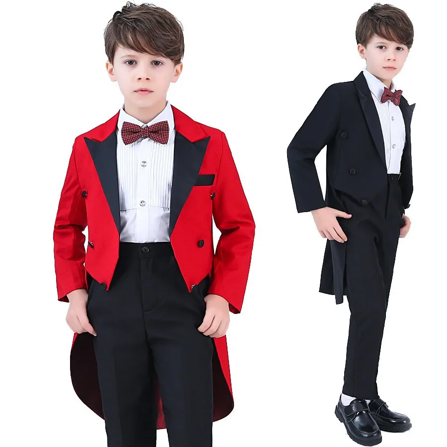 Long Boys Suit Three-piece Set Peaked Collar Wedding Tuxedo Blazer + Vest + Pants Suitable for Wedding Hosting Party