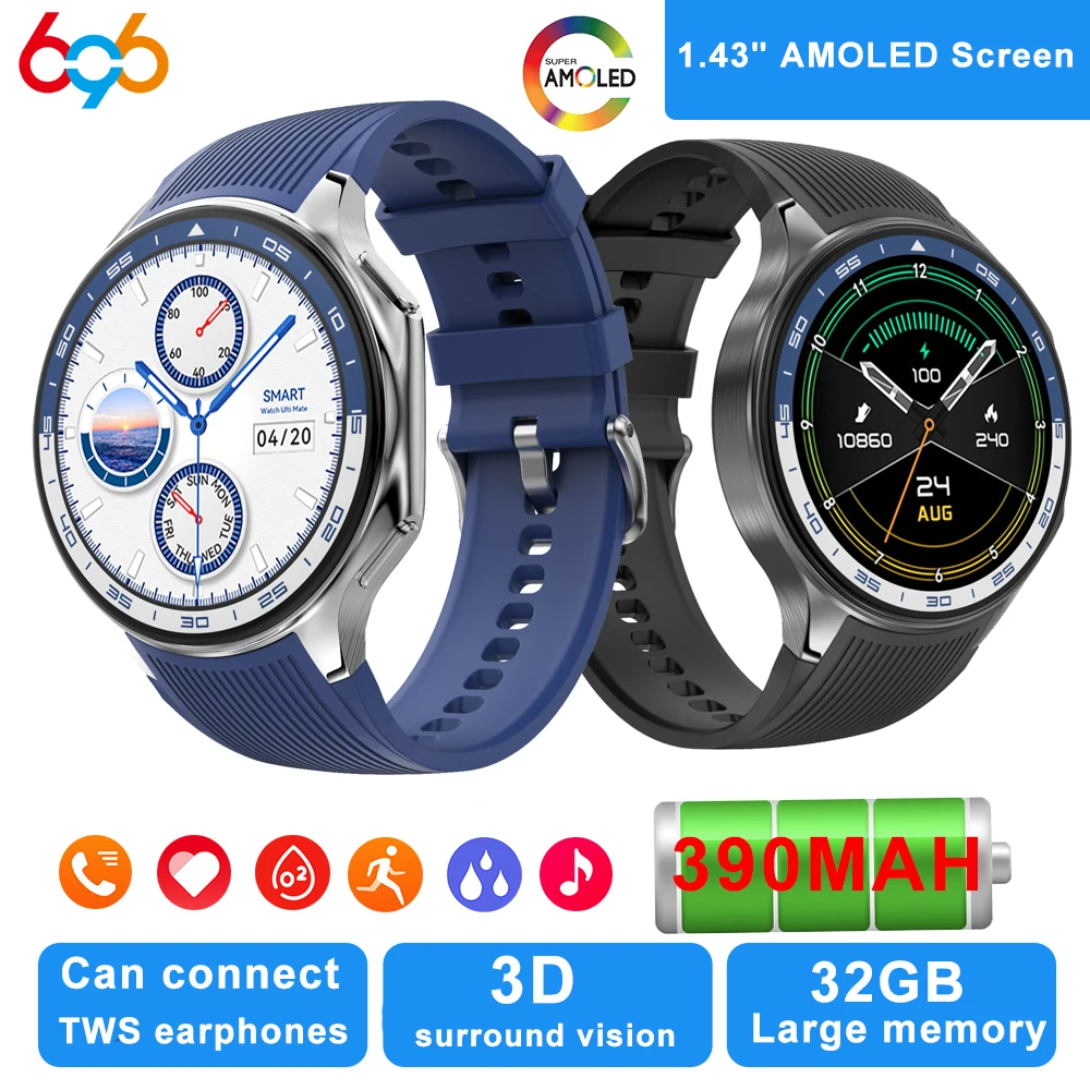 Фото Новые смарт-часы с AMOLED-экраном, Bluetooth-вызовами, 32 ГБ памяти, воспроизведением музыки, видео MP4, записью звука, водонепроницаемые №2