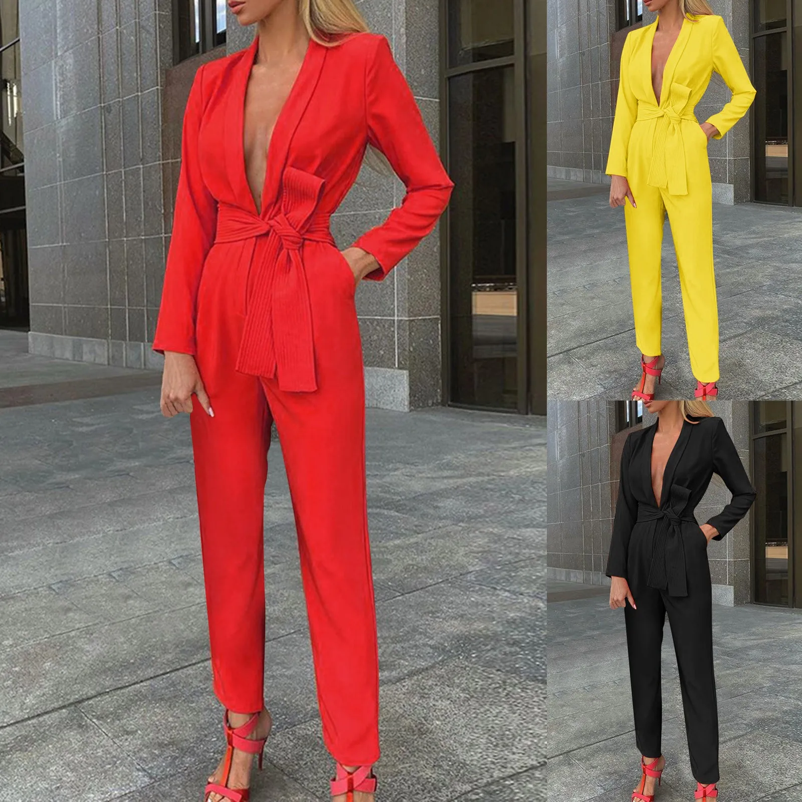 

2022 Women's Sexy Fashion Solid Color Lacing Deep V Sequin Rompers Pajamas Jumpsuit Women Long Sleeve Shorts Jumpsuit for Women