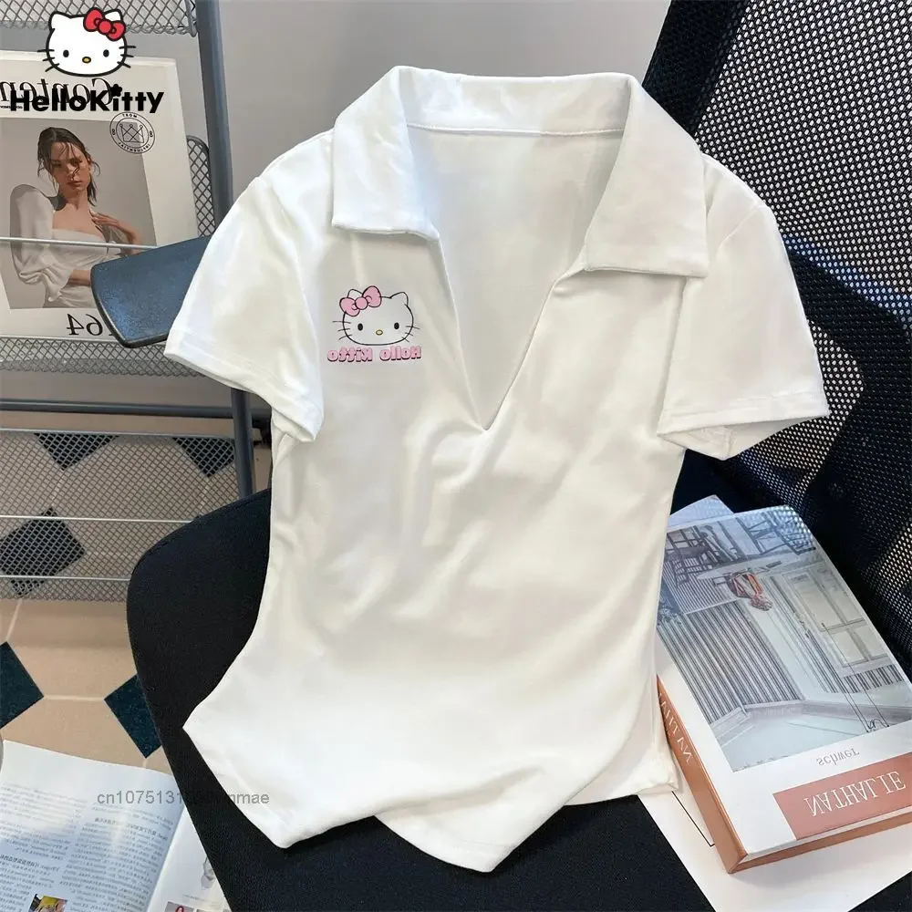 Женская футболка с коротким рукавом Hello Kitty в американском стиле Облегающая