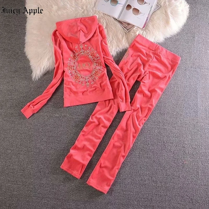 Juicy Apple Tracksuit Women Spring Autumn Casual Velvet Two Piece Set Sexy Hooded Long Sleeve Top And Pants Suit Runway Fashion